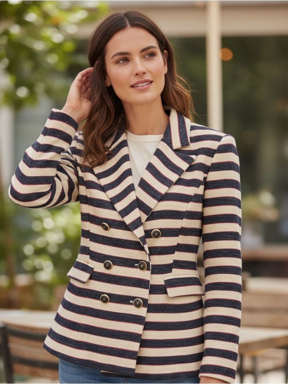 CAbi Navy, Cream & Red Striped Double-Breasted Blazer